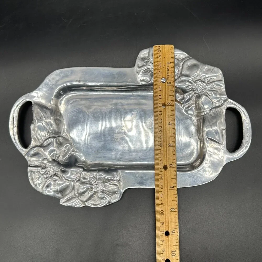 Vintage Floral Tray Vanity Serving Mexico Aluminum Handles Rectangle Flowers